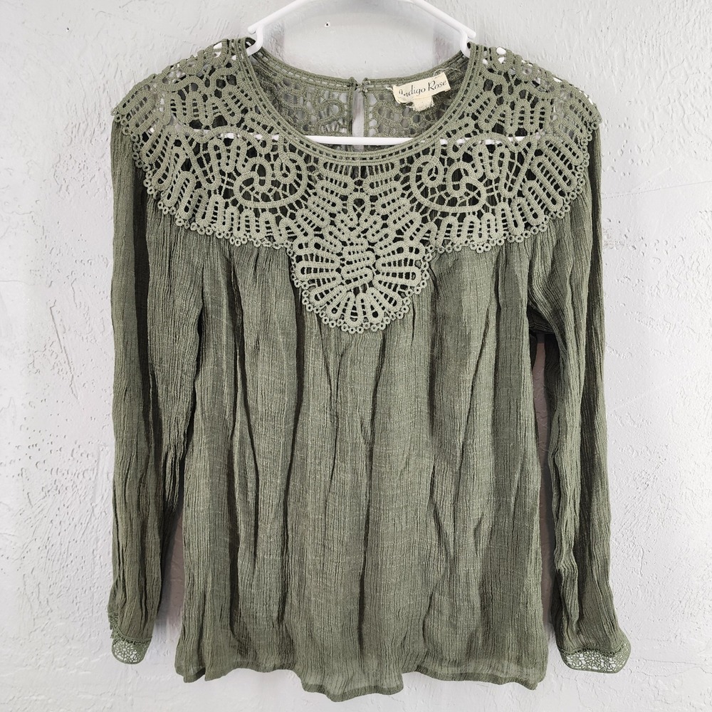 Indigo Rose Olive Green Crochet Lace Yoke Gauze Blouse Boho Peasant Top Small